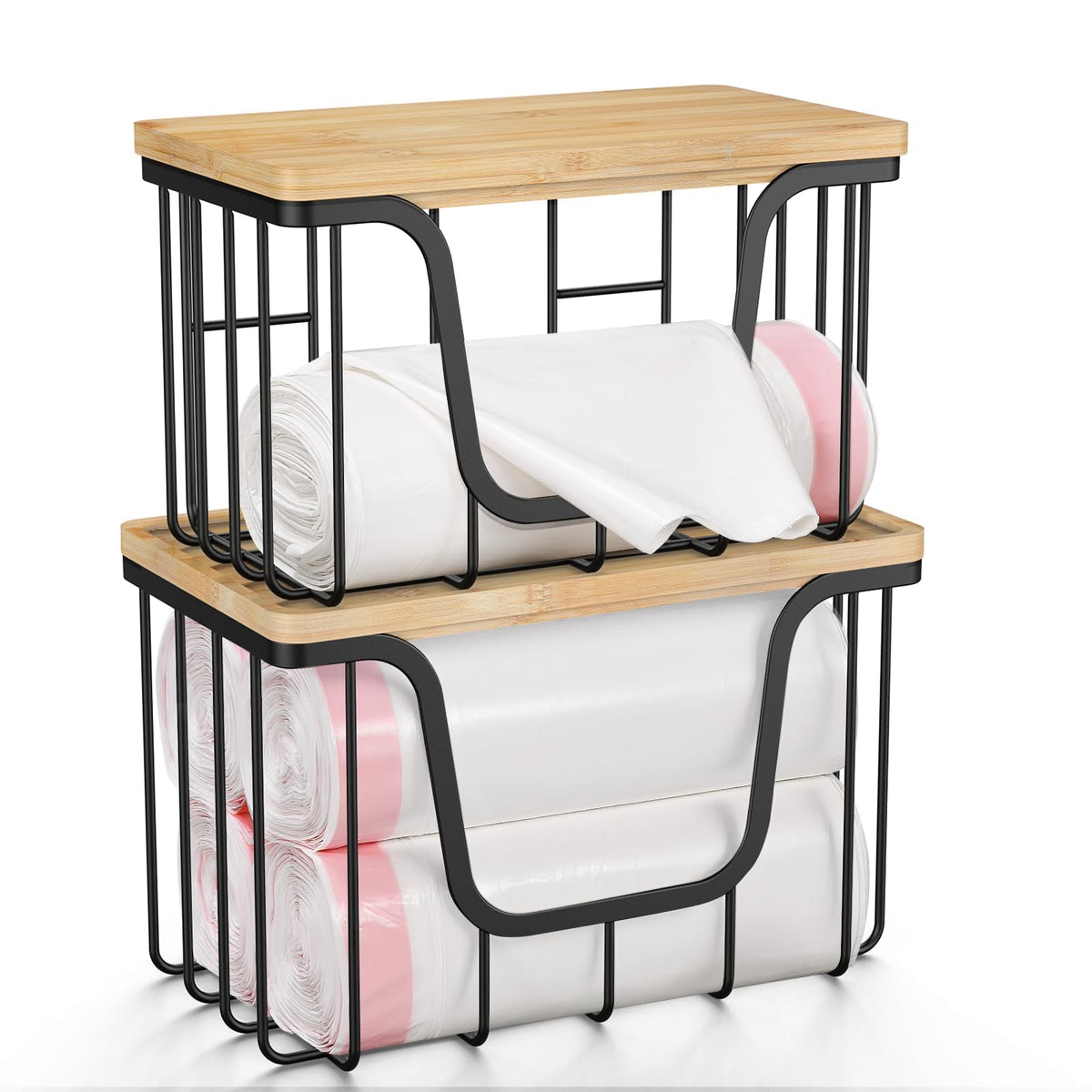 KONE large trash bag holder with bamboo top keeps bags accessible