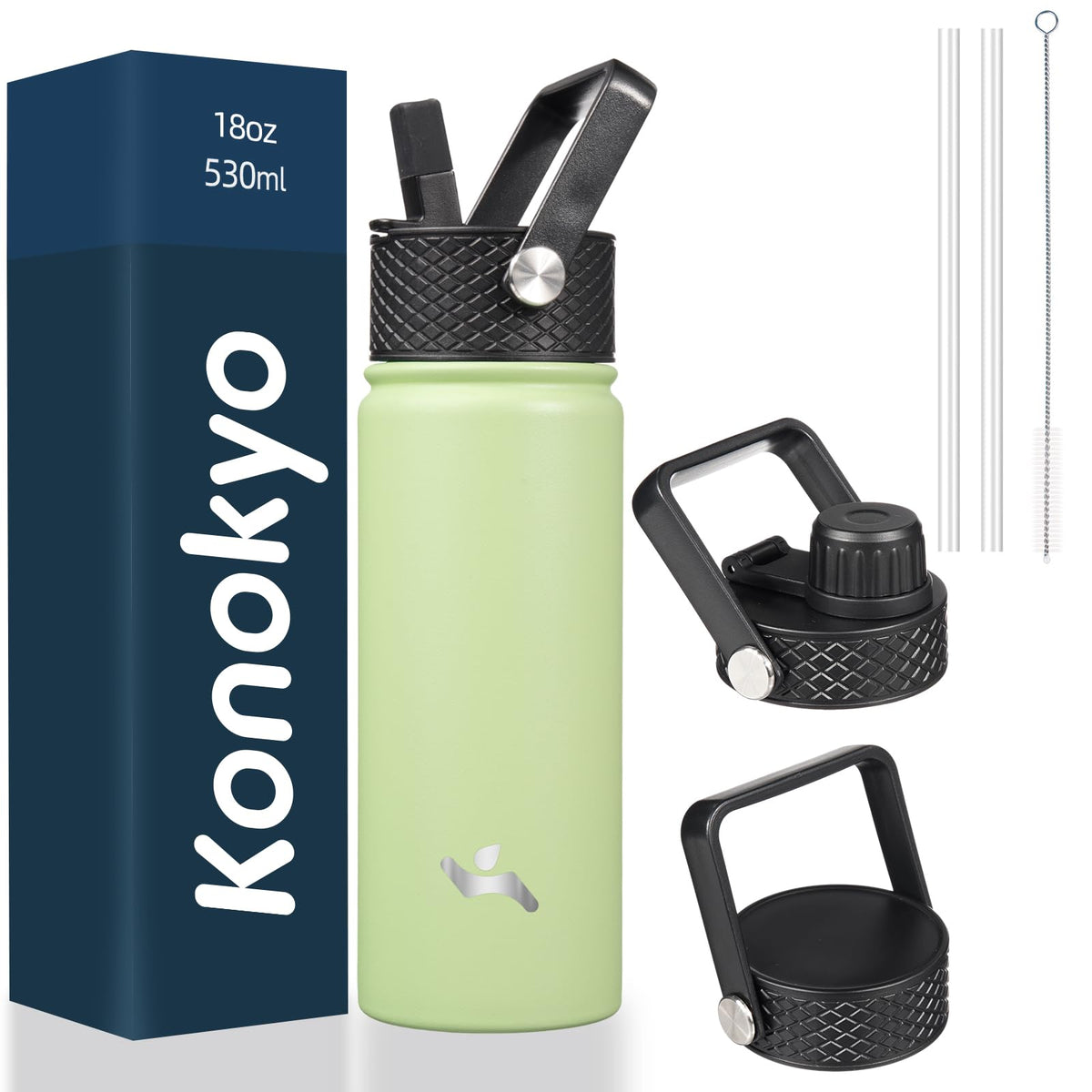 Konokyo 18oz insulated bottle macaron green — front view for everyday hot or cold drinks