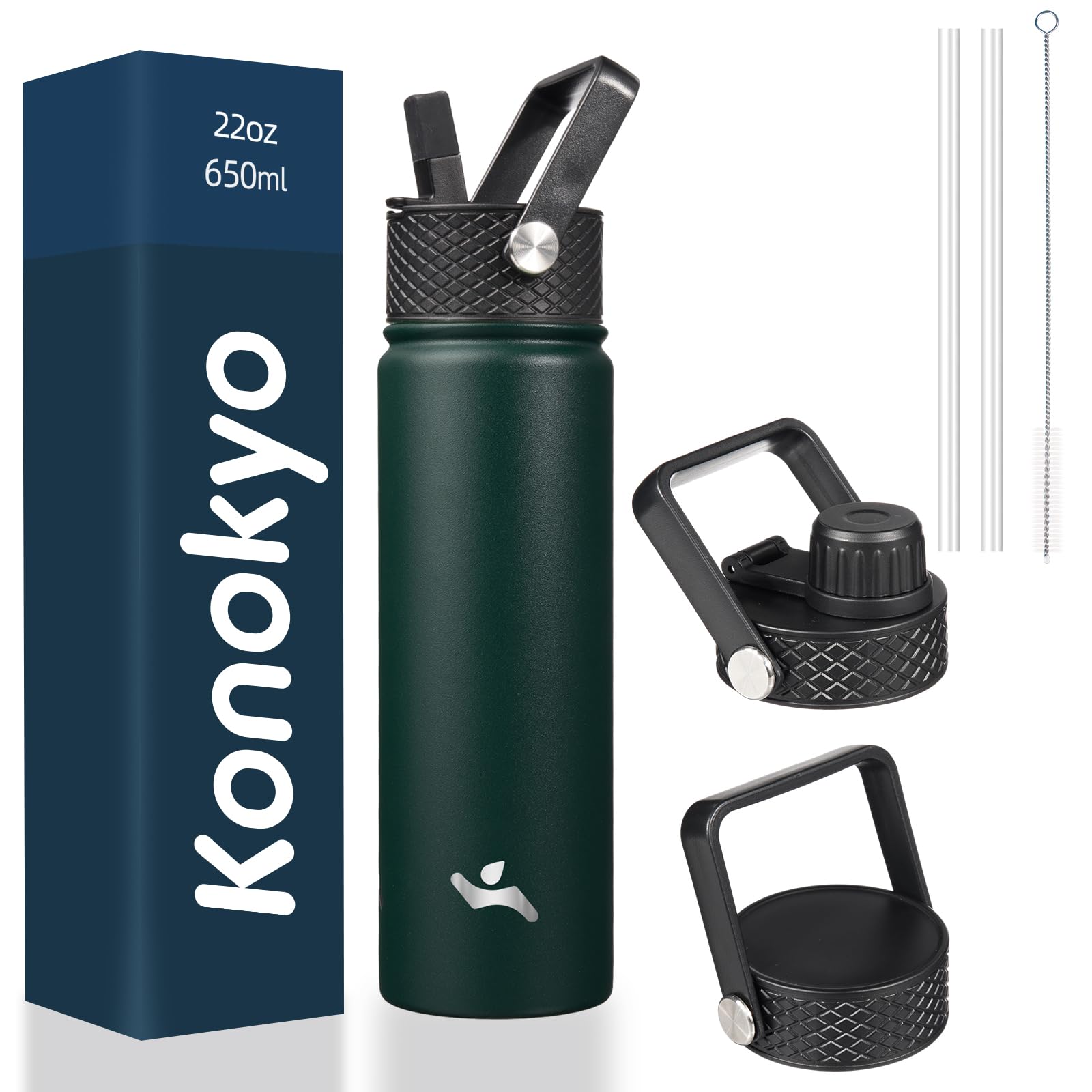 Konokyo 22oz bottle with three lids for versatile on-the-go hydration.