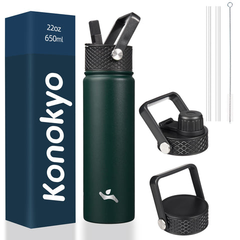 Konokyo 22oz bottle with three lids for versatile on-the-go hydration.