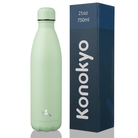 Konokyo 25oz insulated bottle in macaron green, front view for daily hydration on the go.