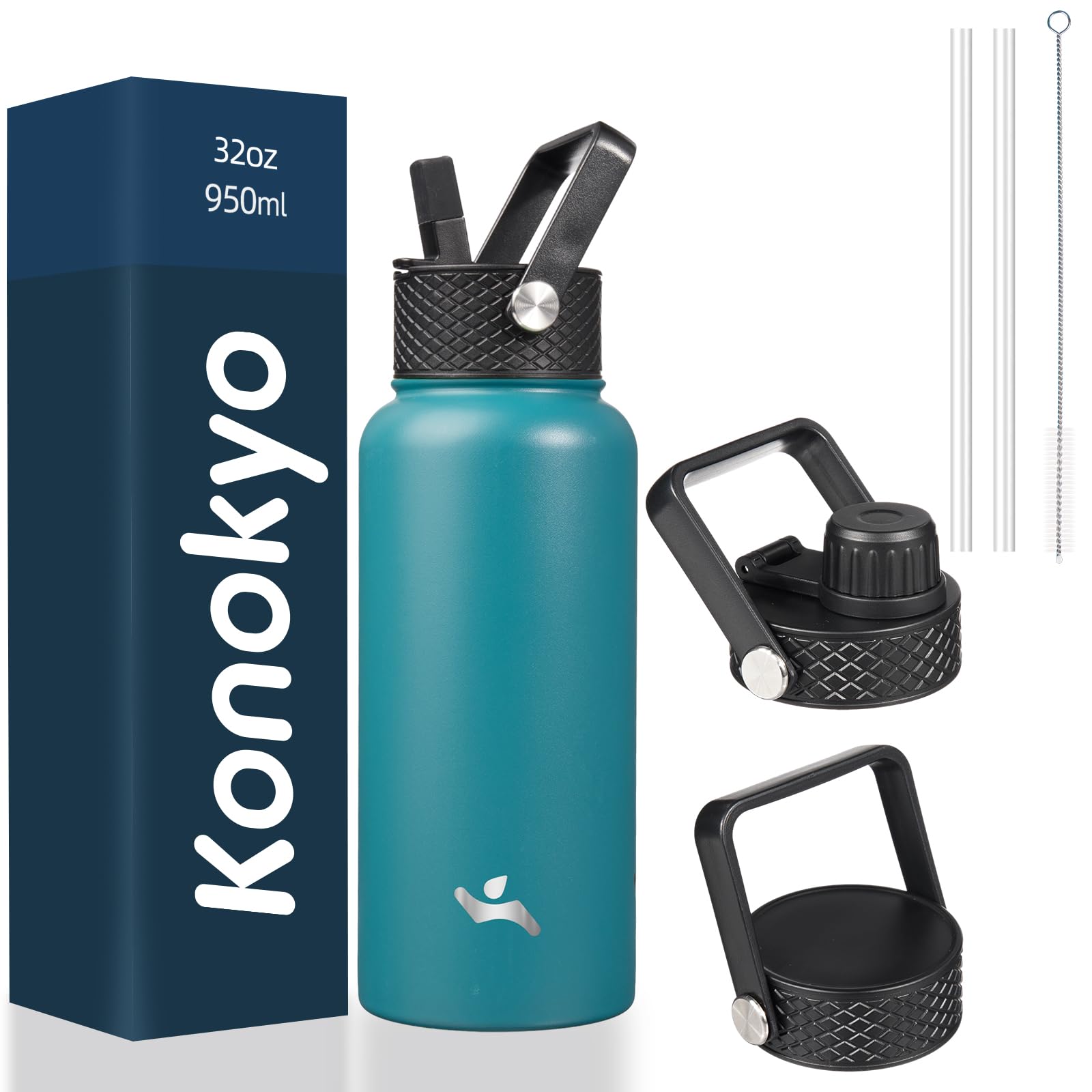 Konokyo 32 oz insulated bottle light blue front view shows durable stainless steel and capacity for all-day hydration.