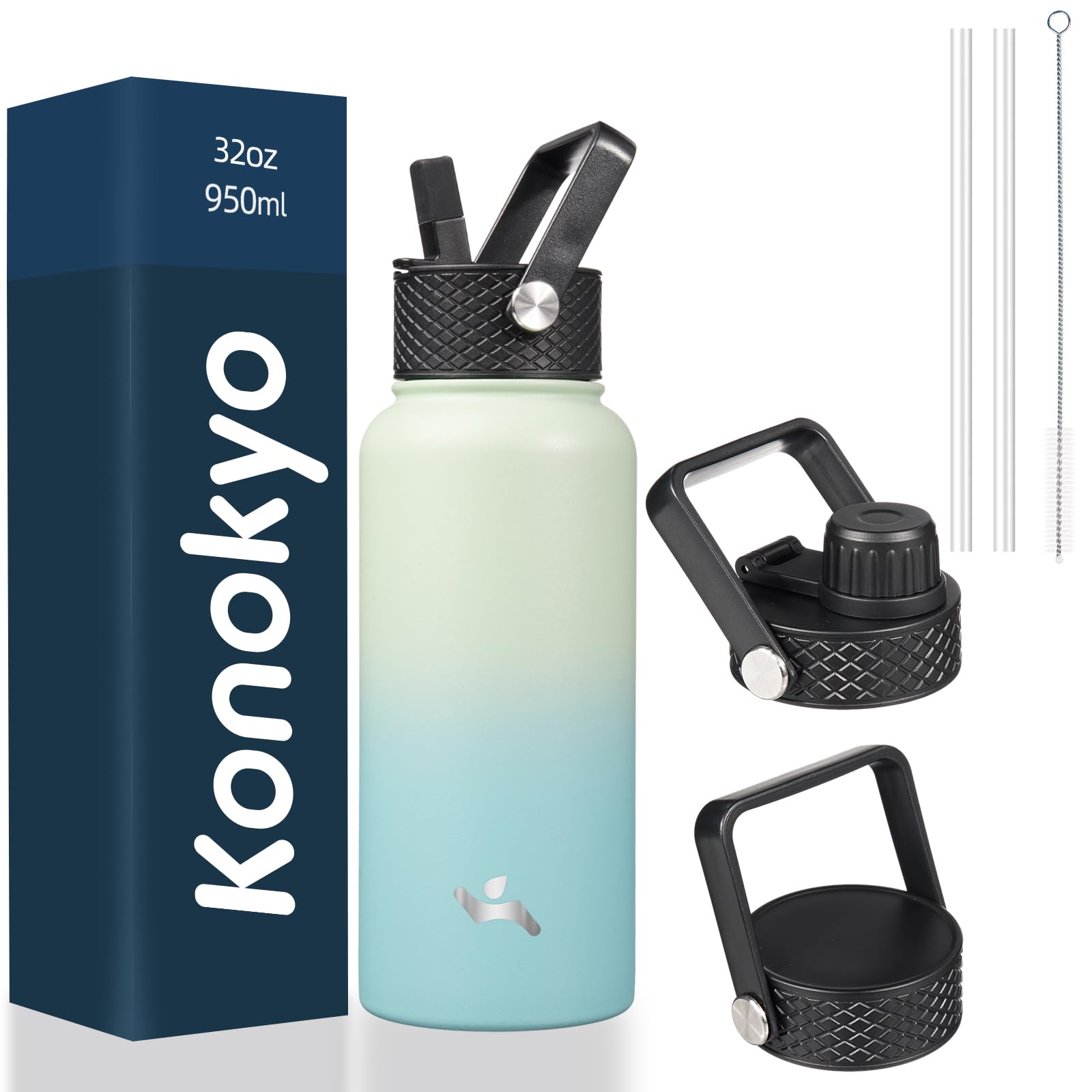 Konokyo 32oz insulated mint bottle with 3 lids for versatile hydration