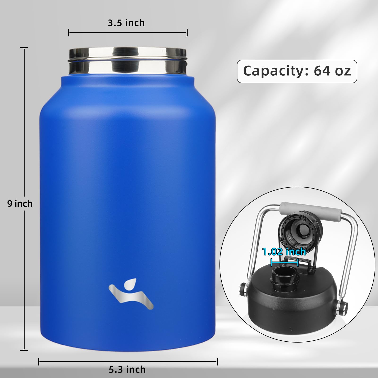 Konokyo 64 oz blue bottle keeps drinks cold during workouts.