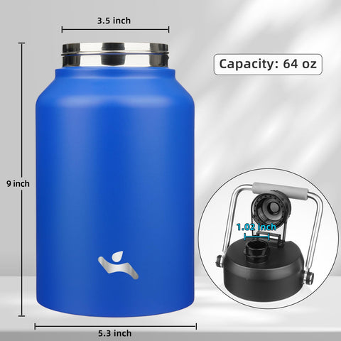 Konokyo 64 oz blue bottle keeps drinks cold during workouts.