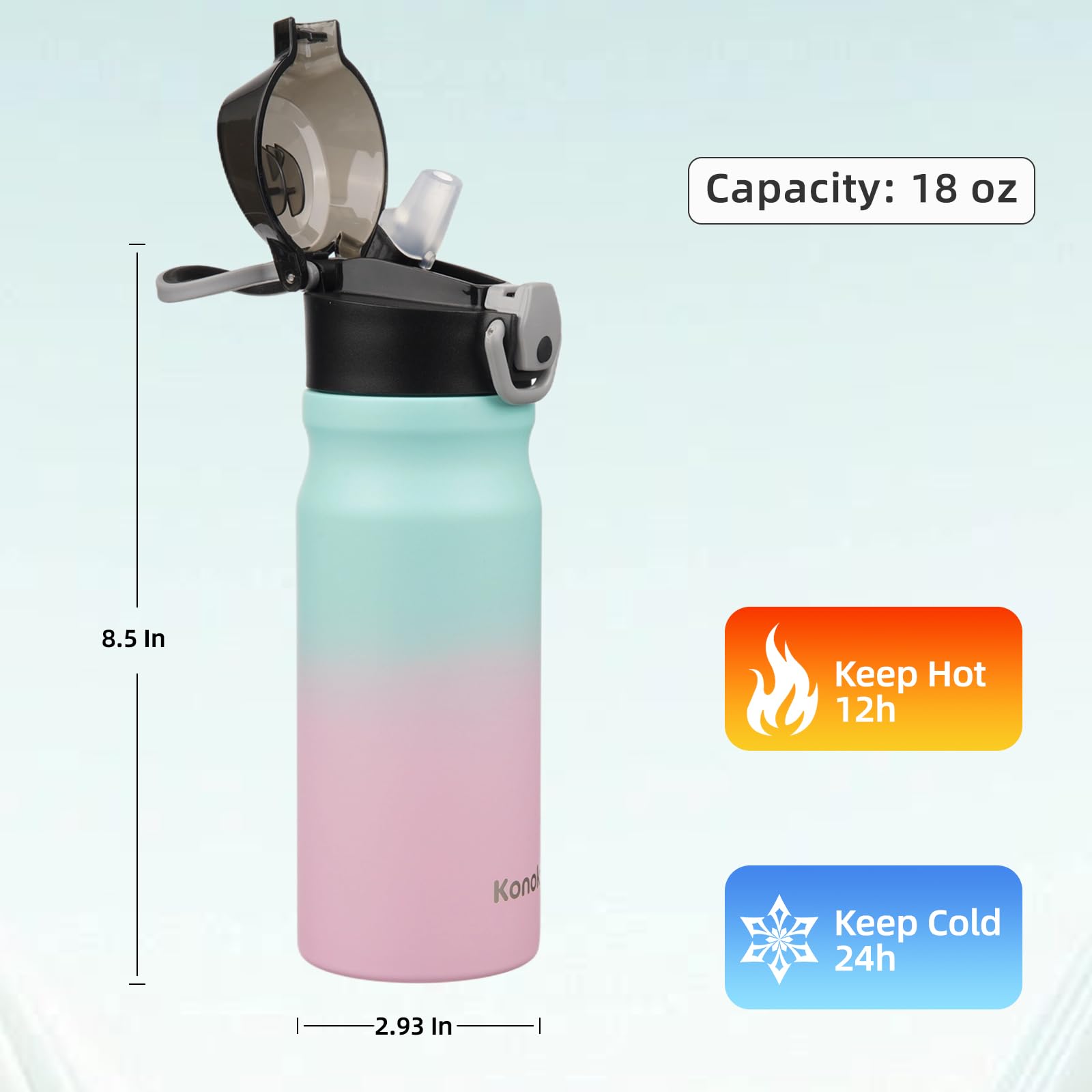 Matte finish on Konokyo bottle provides secure grip for workouts and commutes.