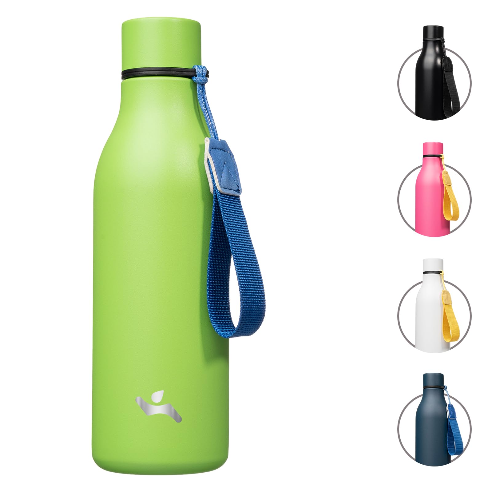 Konokyo insulated water bottle green front view with strap for everyday carry.