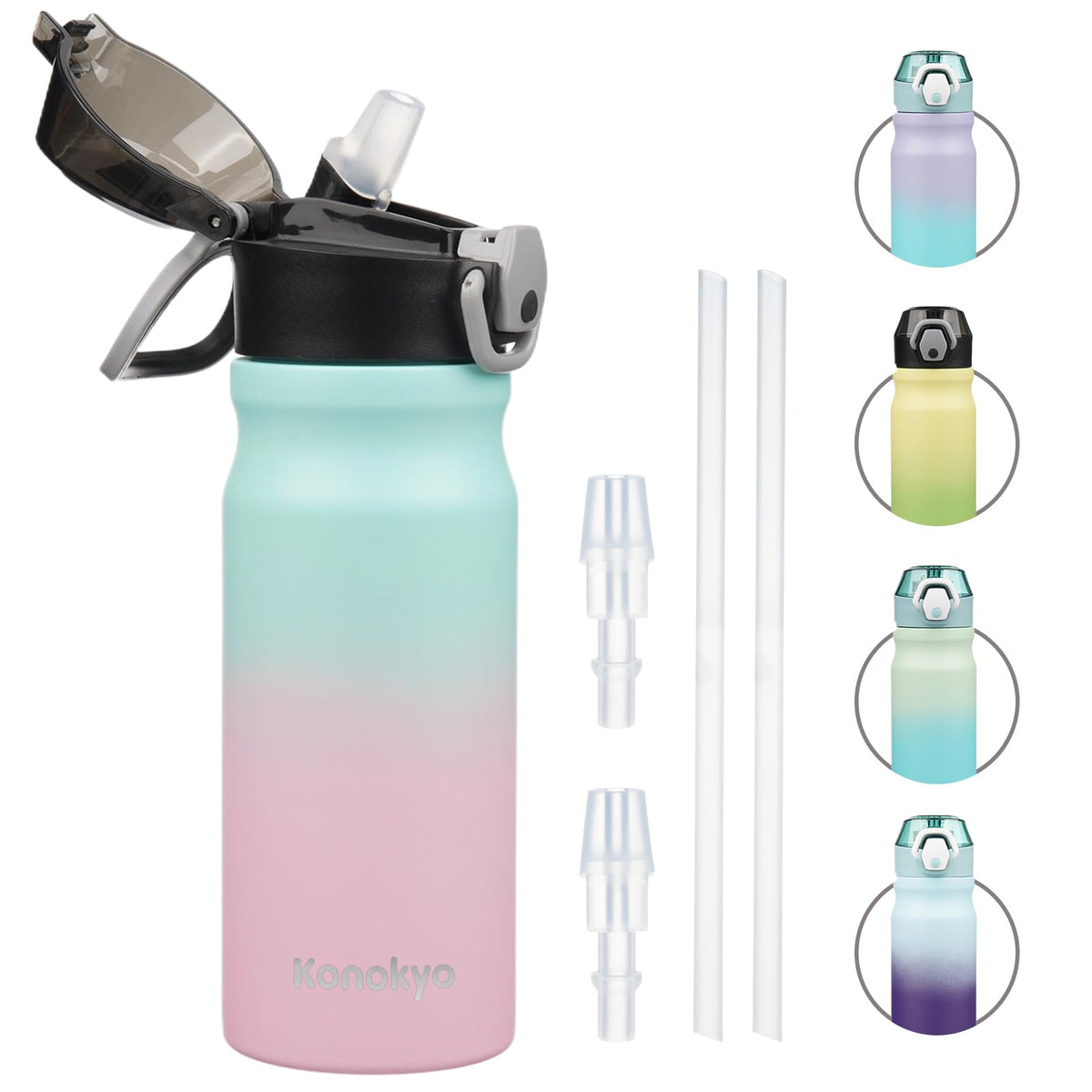Konokyo insulated water bottle with straw for leak-proof on-the-go hydration.