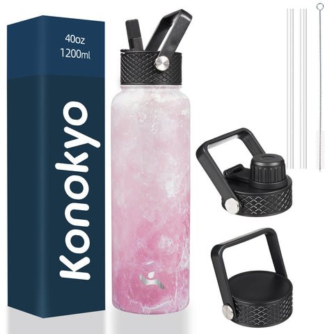 Konokyo Marble Blossom 40oz bottle side view shows leak-proof on-the-go hydration.