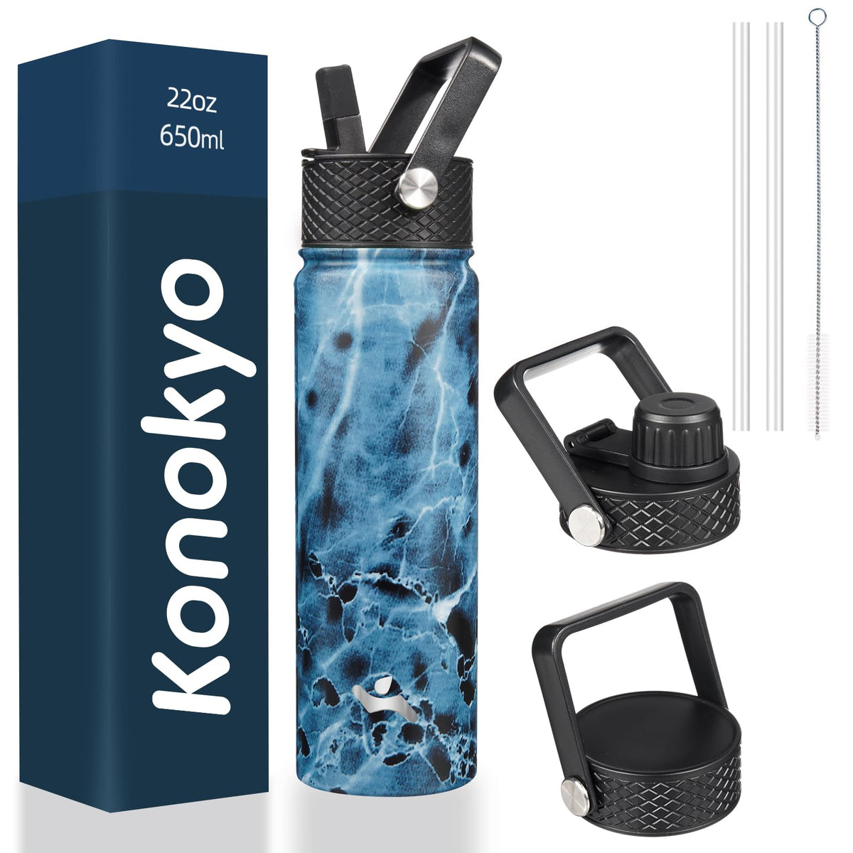 Konokyo Marble Ocean 22oz bottle front view, stylish and portable for daily hydration.
