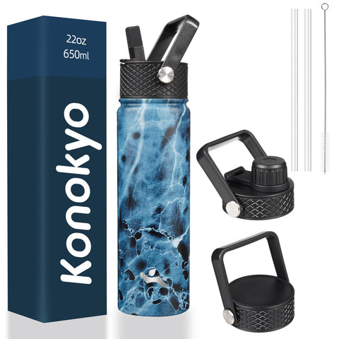 Konokyo Marble Ocean 22oz bottle front view, stylish and portable for daily hydration.