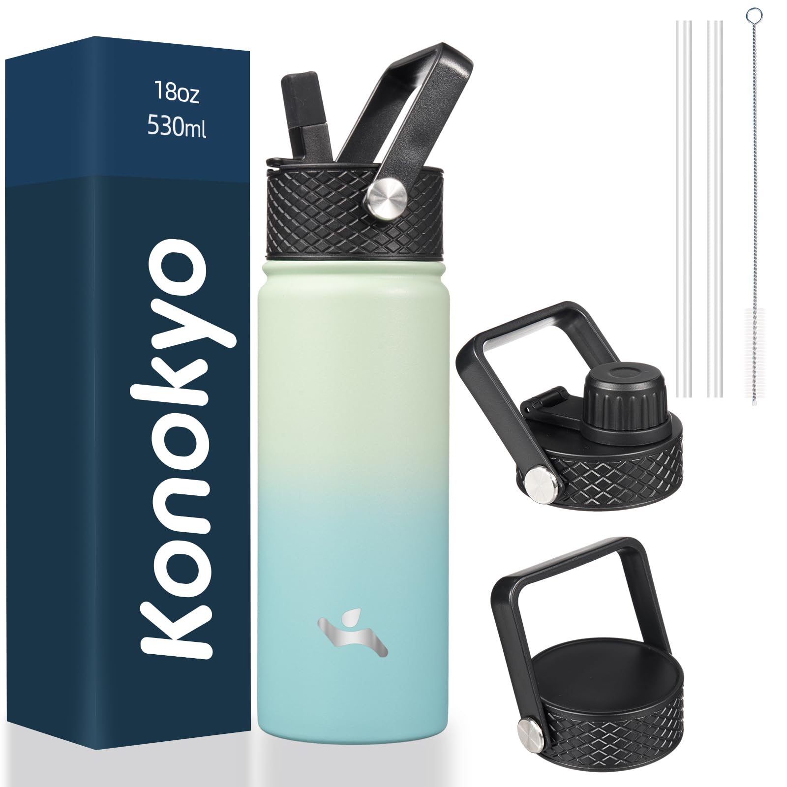 Konokyo mint 18oz insulated bottle front view showcasing the durable finish for daily hydration.