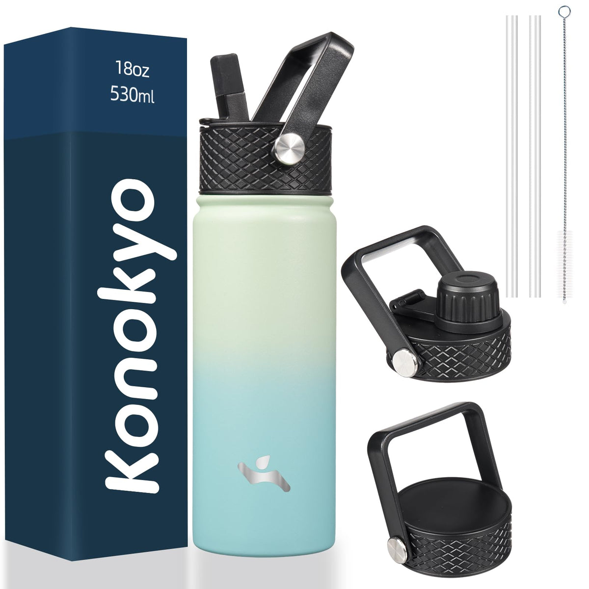 Konokyo mint 18oz insulated bottle front view showcasing the durable finish for daily hydration.