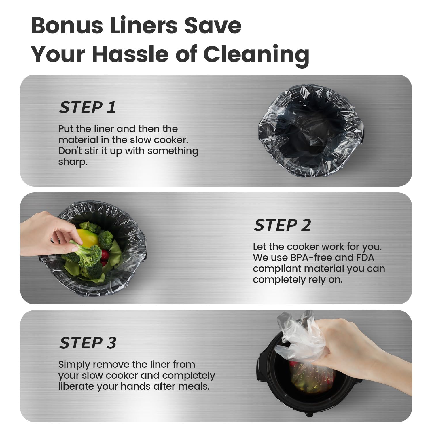 KOOC slow cooker with liners pack demonstrating easy cleanup.