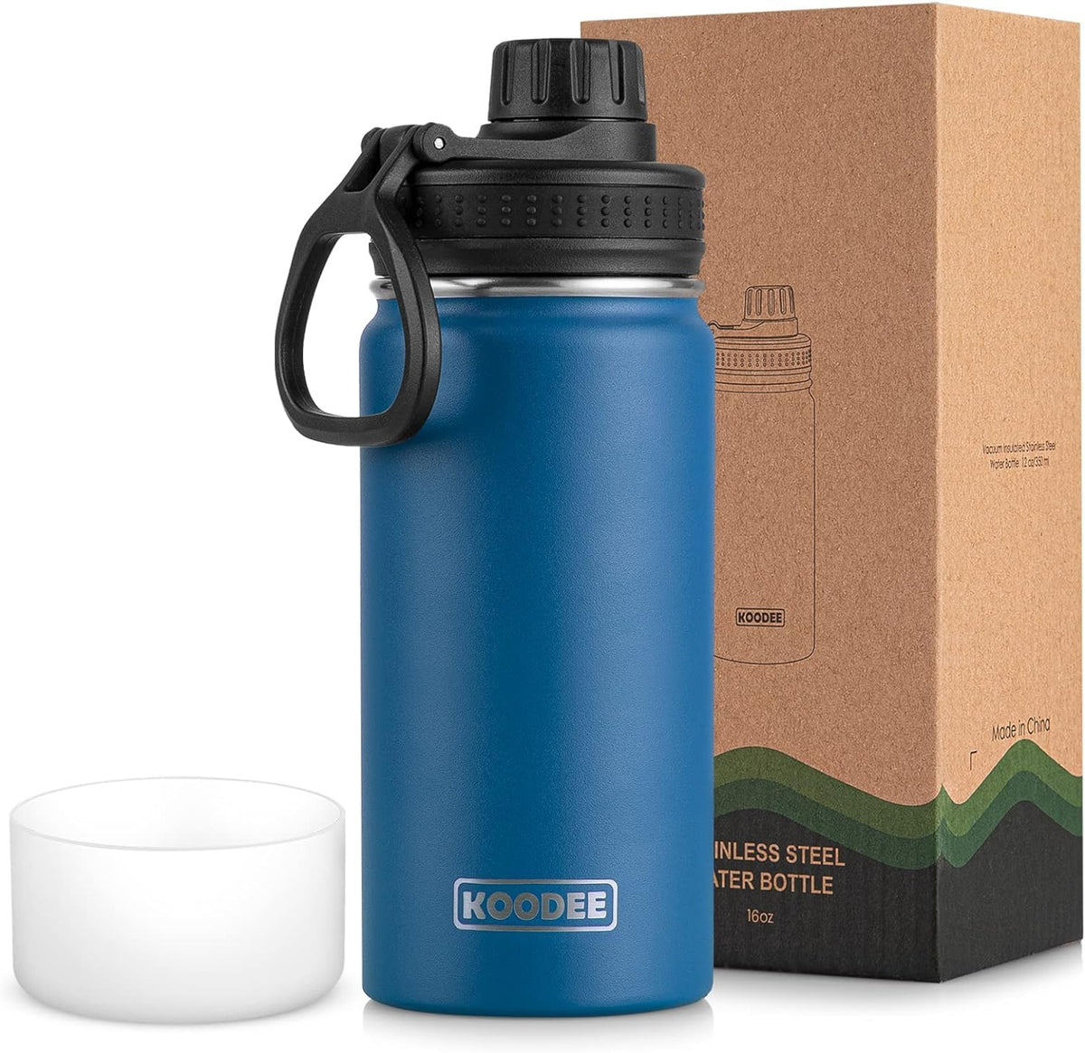 Koodee water bottle with silicone sleeve protects the finish from scratches.