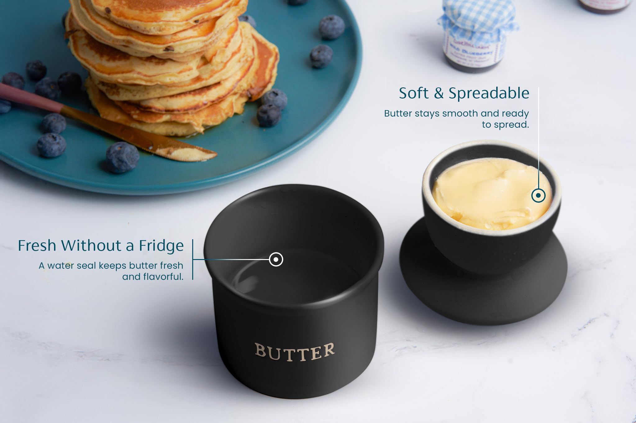 KooK Butter Crock, cup filled with softened butter, smooth texture ready