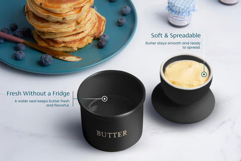 KooK Butter Crock, cup filled with softened butter, smooth texture ready