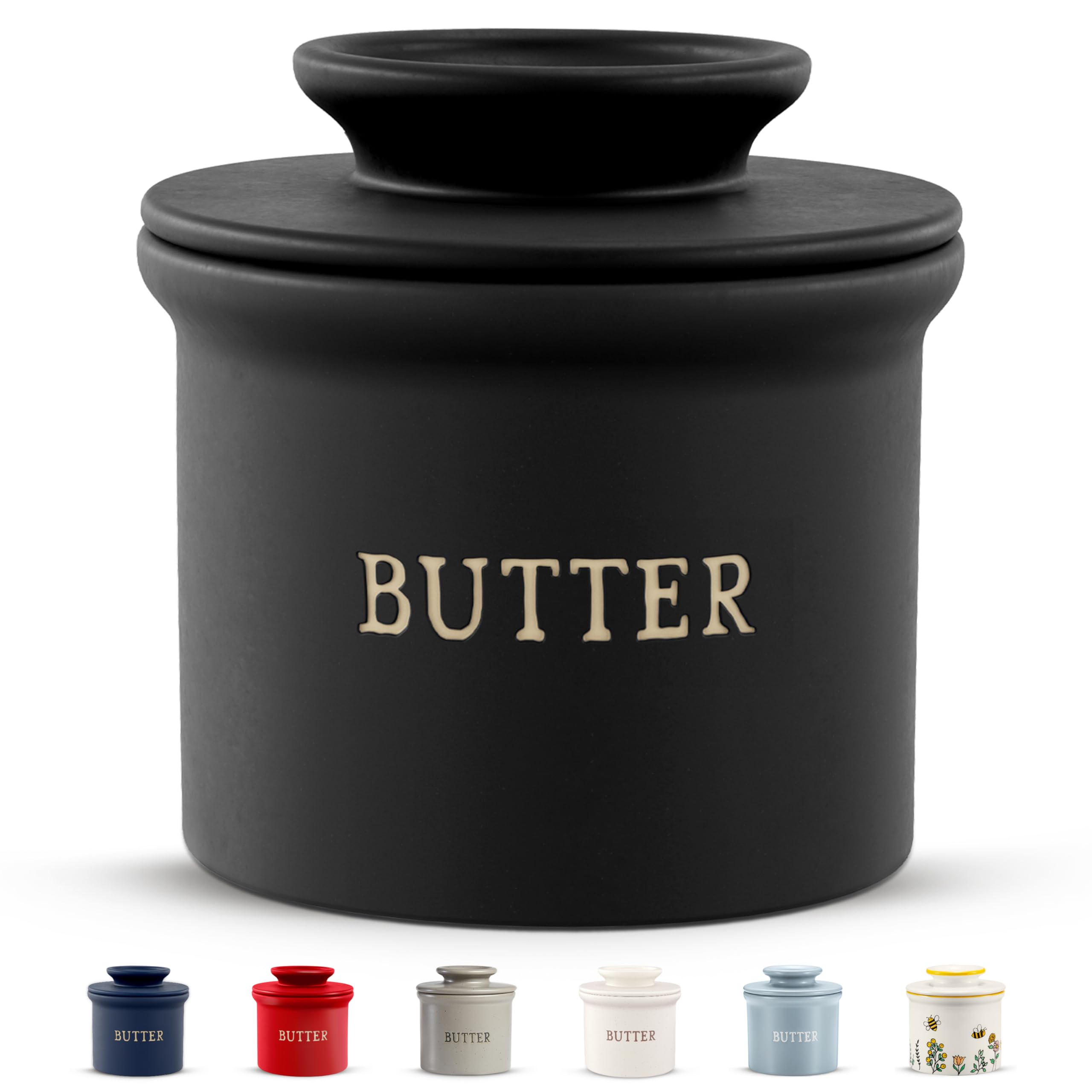 KooK Butter Crock with lid in black, top view showing butter ready to spread