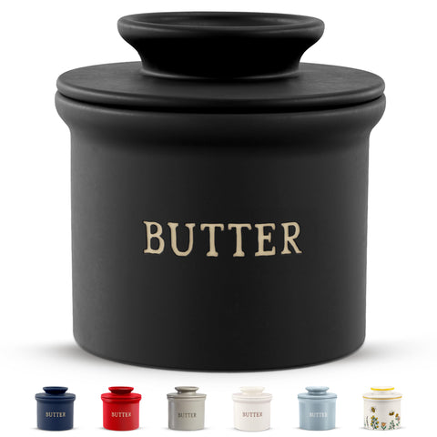 KooK Butter Crock with lid in black, top view showing butter ready to spread
