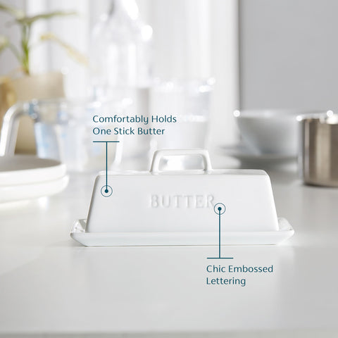 Kook butter dish on countertop display showing secure lid ridge design.