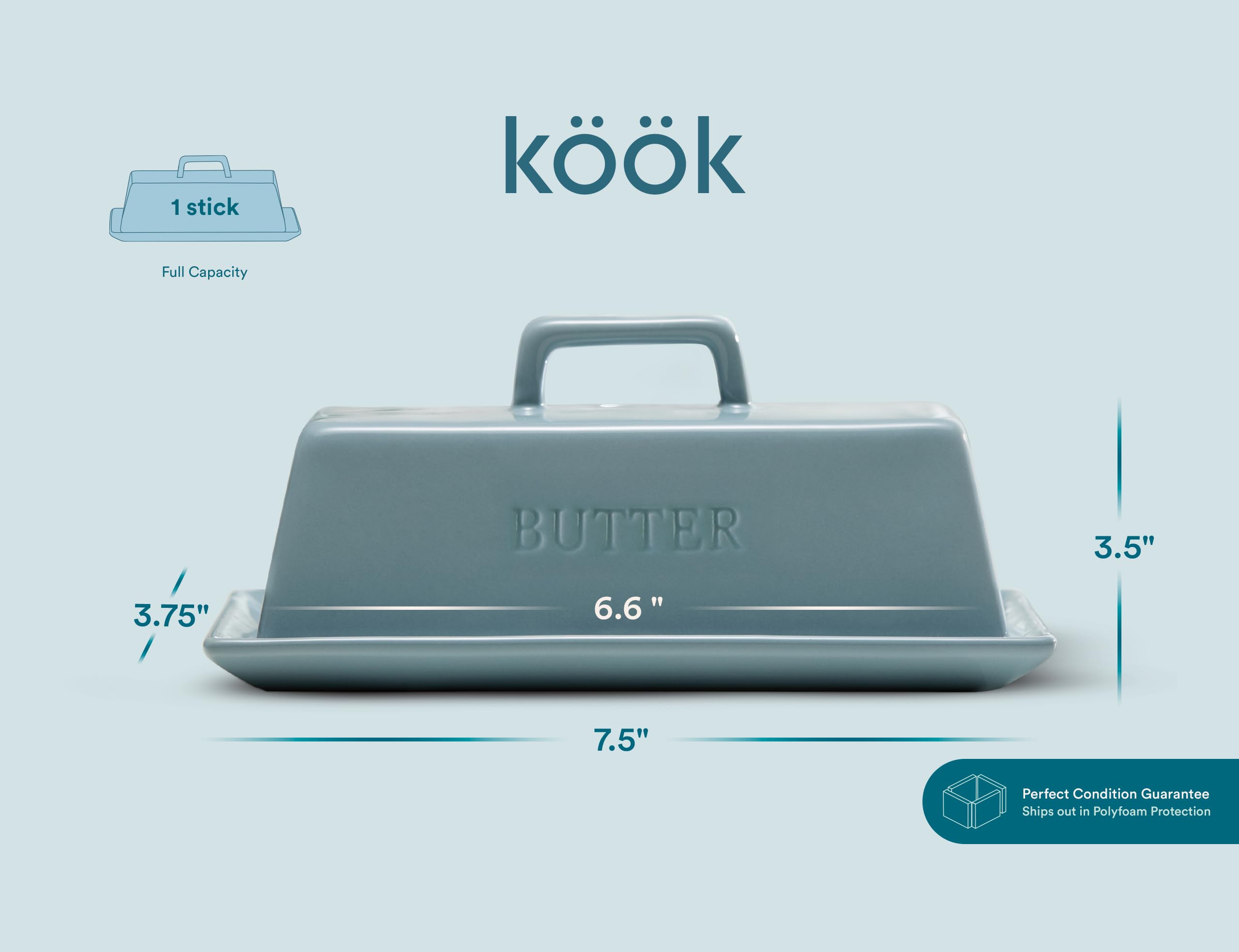Kook Casper Blue butter keeper on countertop, easy to clean in the dishwasher.