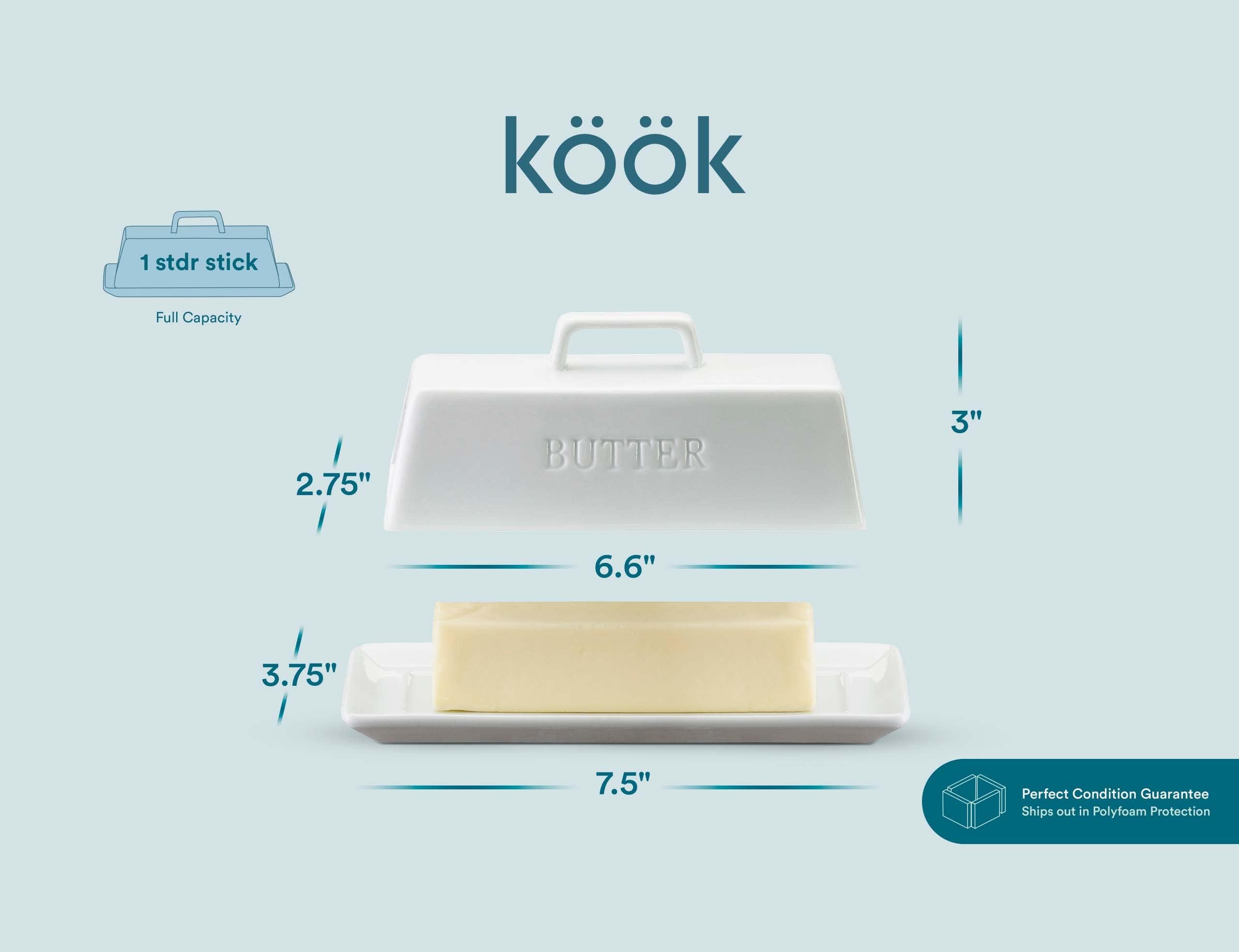 Kook butter dish is dishwasher-safe for effortless cleanup.