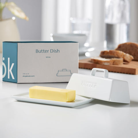 Kook butter dish lid handle shown for easy lifting.
