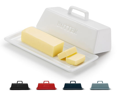 Kook butter dish with lid in white ceramic on counter keeps butter ready.