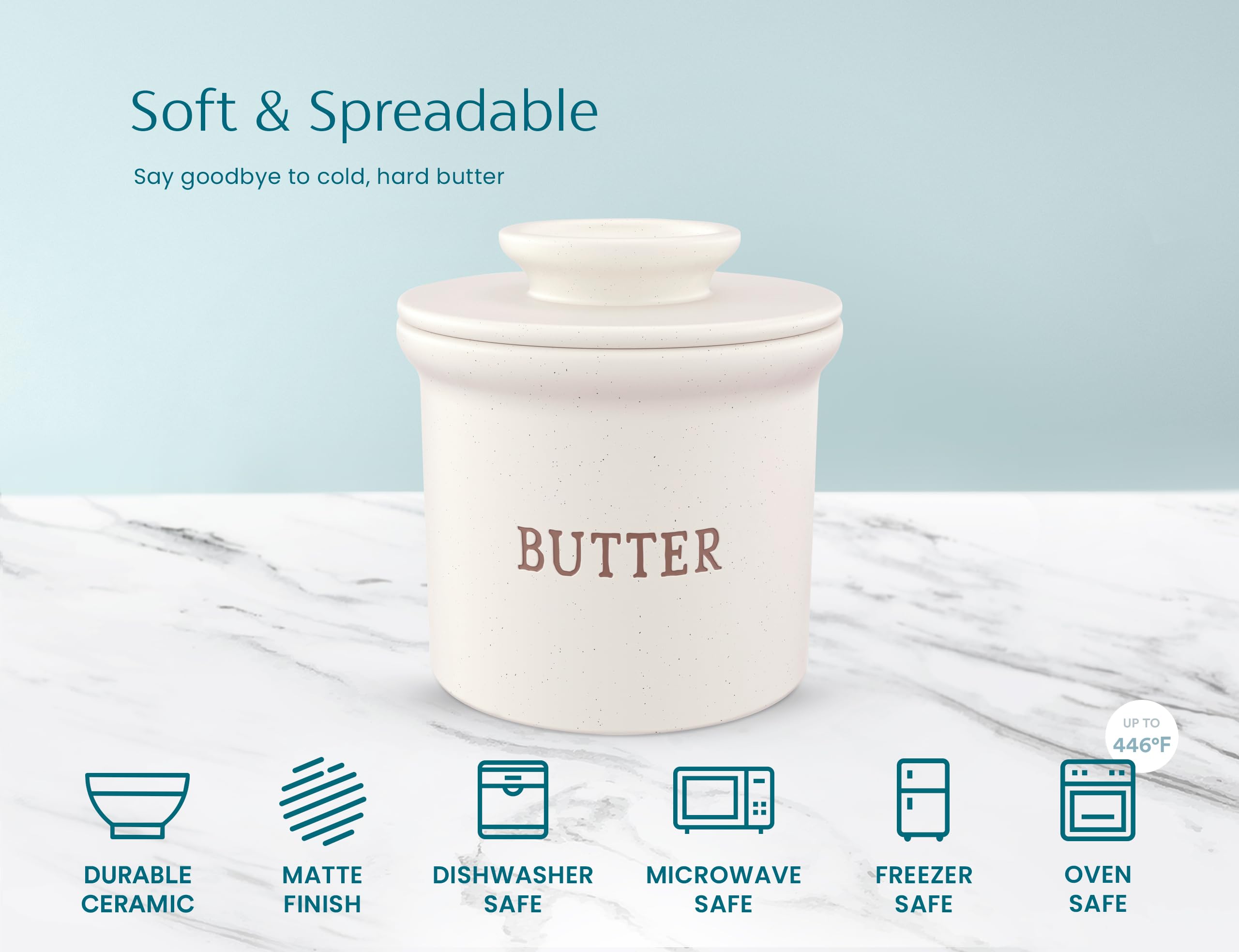 Kook Butter Keeper Dish matte oatmeal finish complements kitchen decor