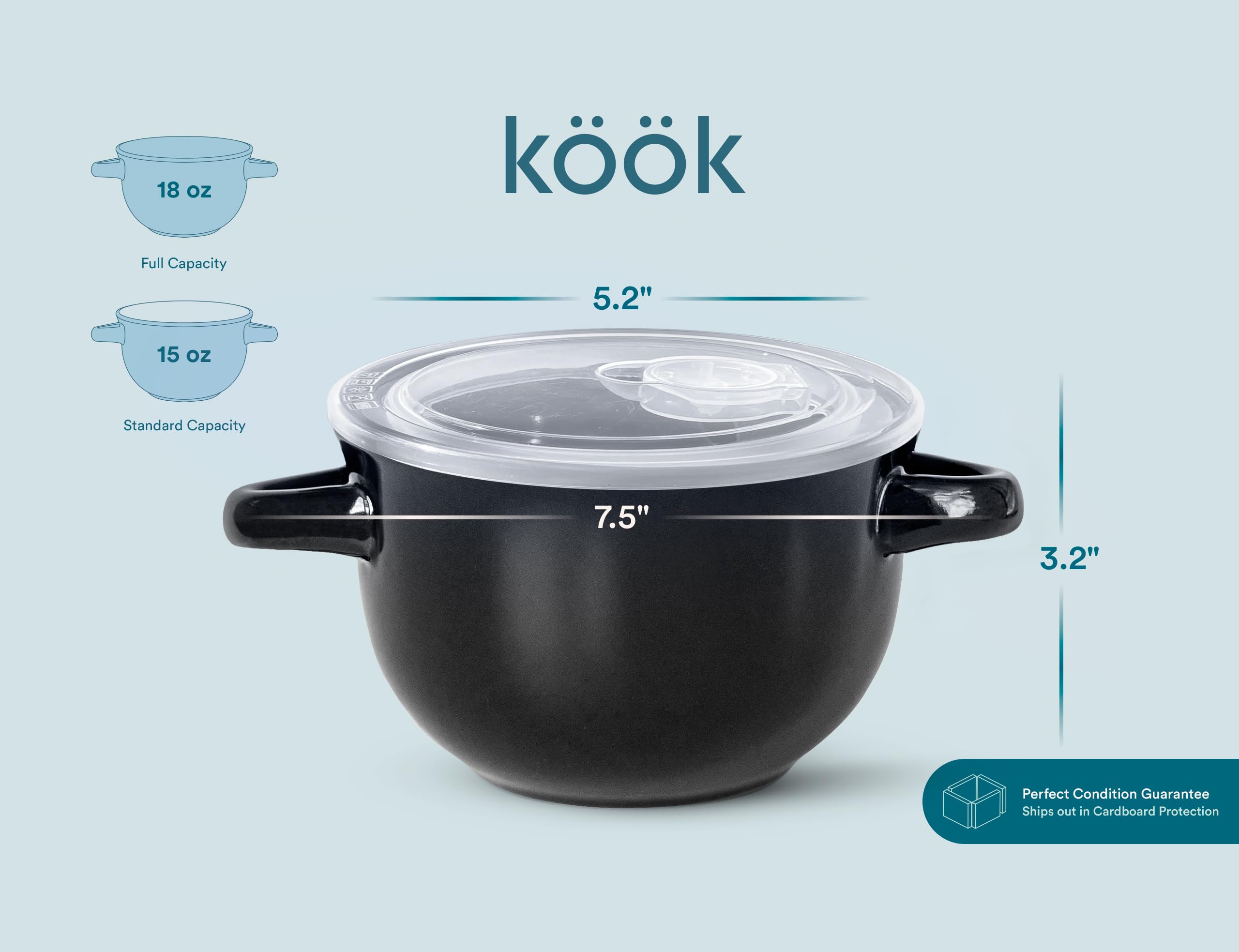 KooK 18 oz ceramic bowl, front view, versatile for soups, desserts, and portions.