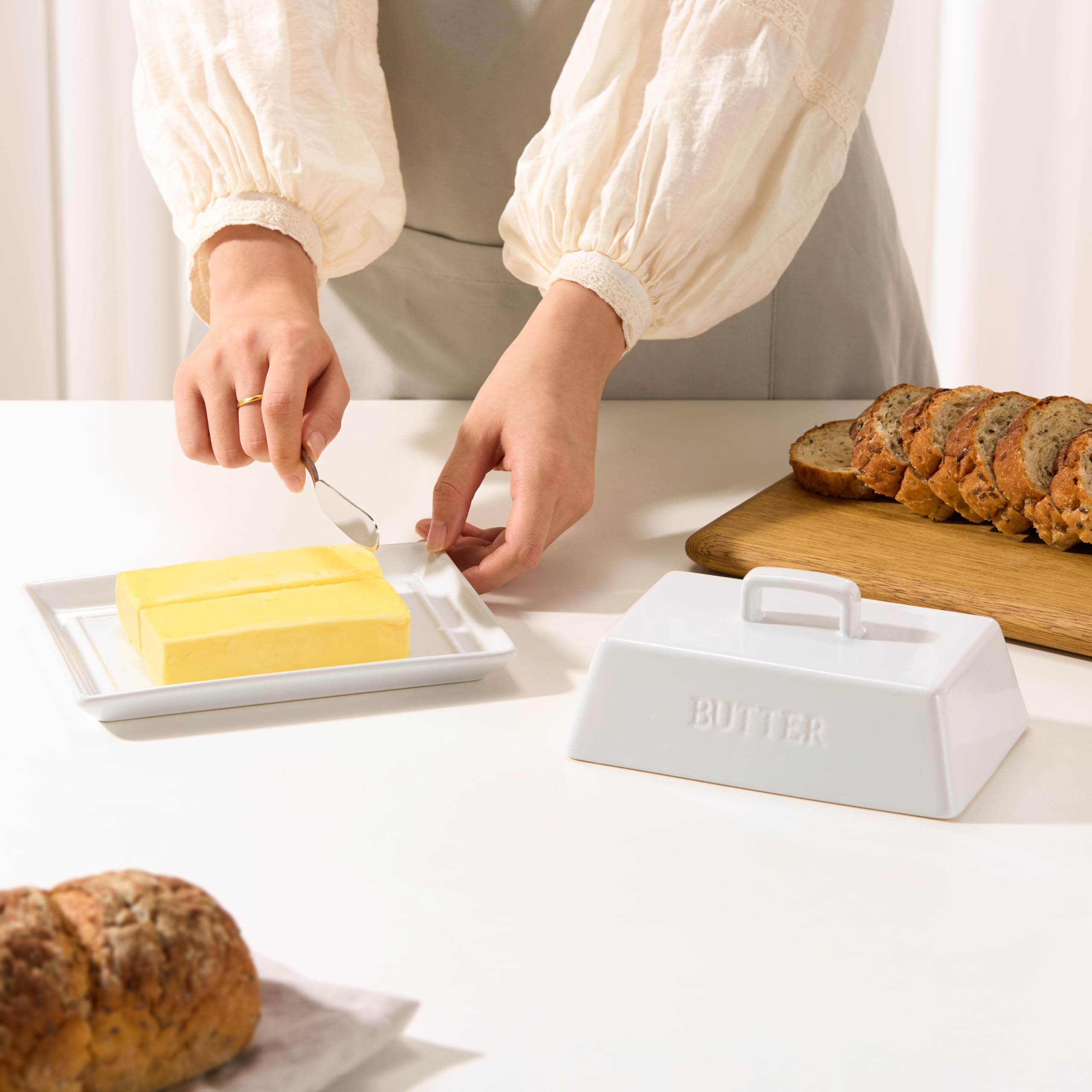 KooK ceramic butter dish sits on a kitchen countertop