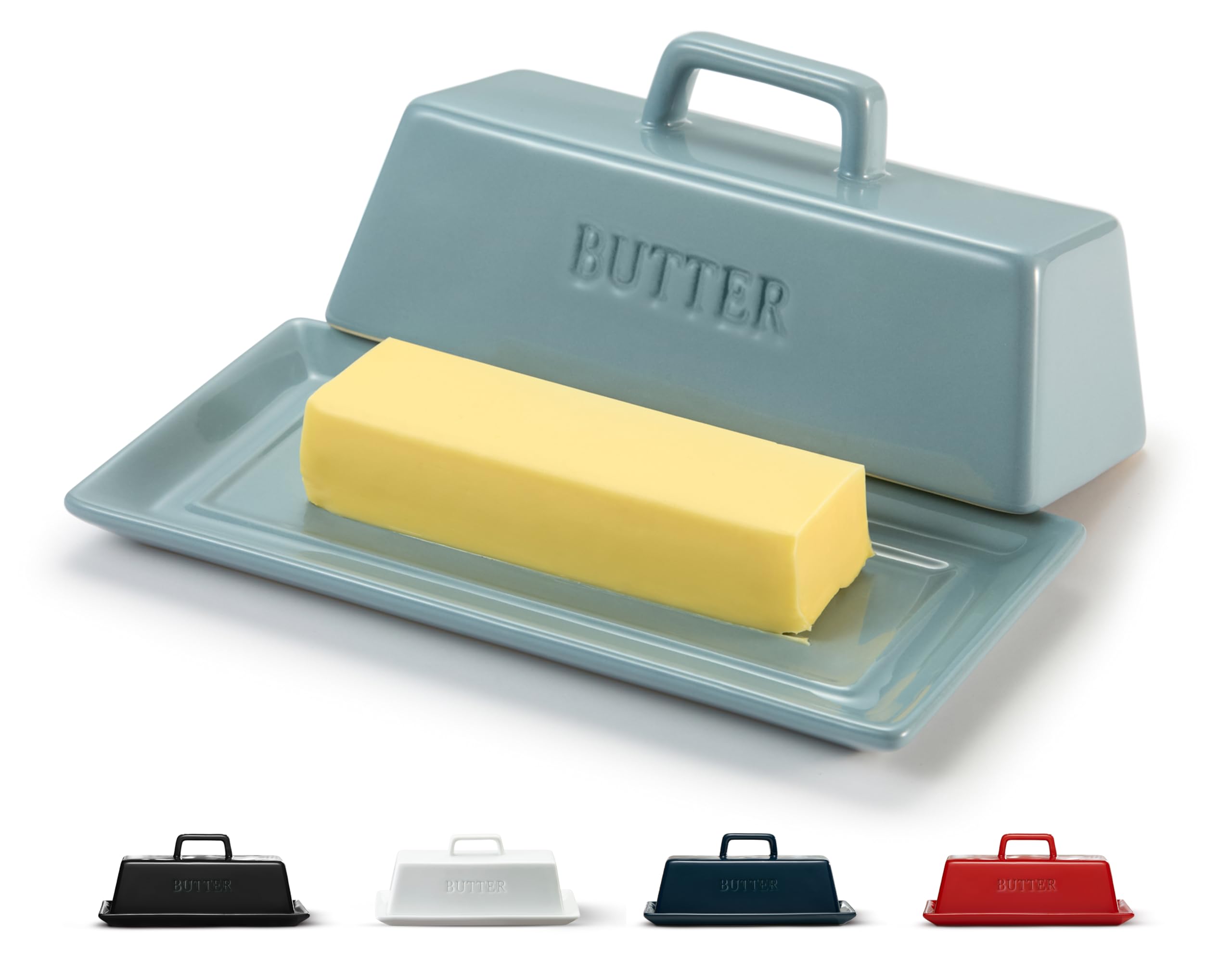 Kook ceramic butter dish with Casper Blue lid keeps butter fresh and ready to spread.