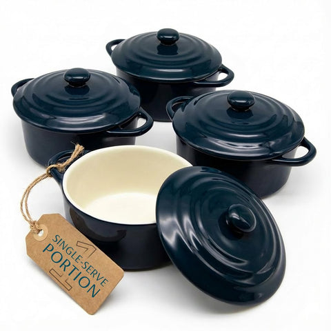 KooK Ceramic Mini Cocotte Navy dish on tray for personal portions.