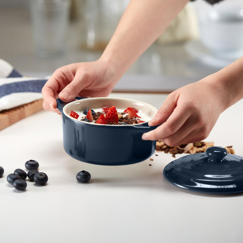 KooK Navy cocotte safe for microwave reheating and quick servings.