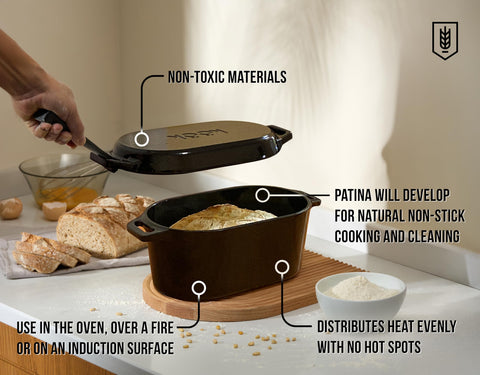 KooK Dutch Oven lid lever enables safe lid removal.
