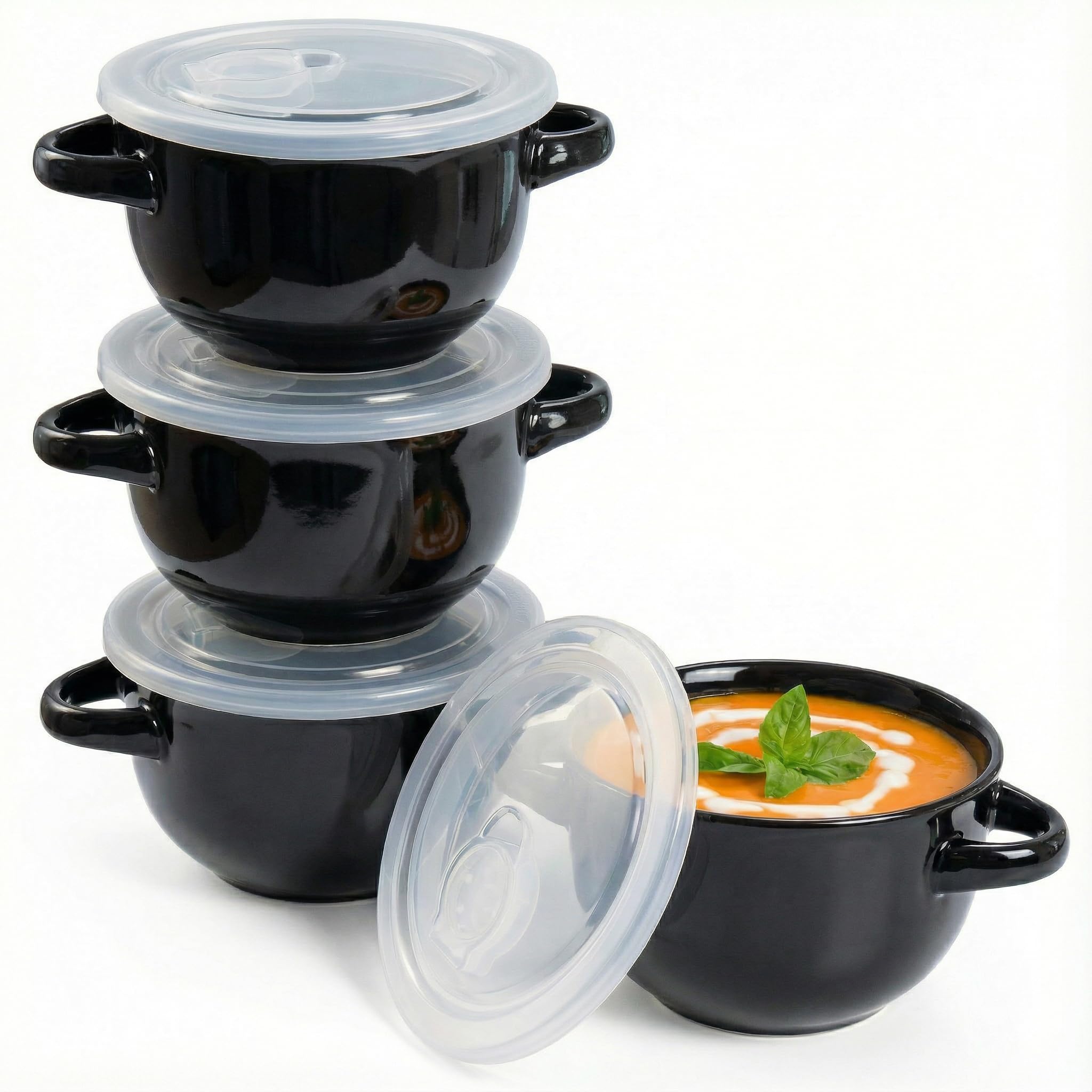 KooK French Onion Soup Crock with handles, front view, convenient serving and safe grip.