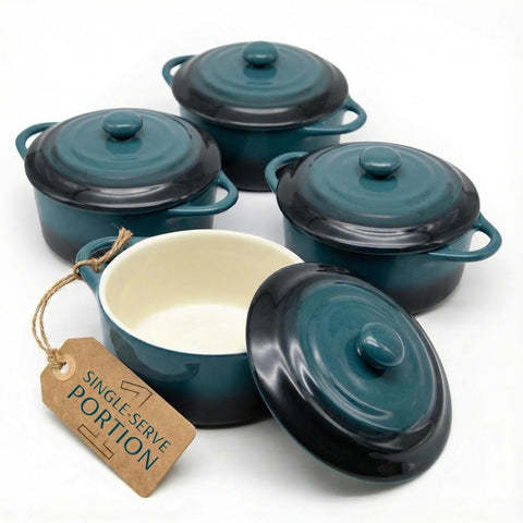 KooK mini cocotte in stone ombre with lid and handles for individual servings.