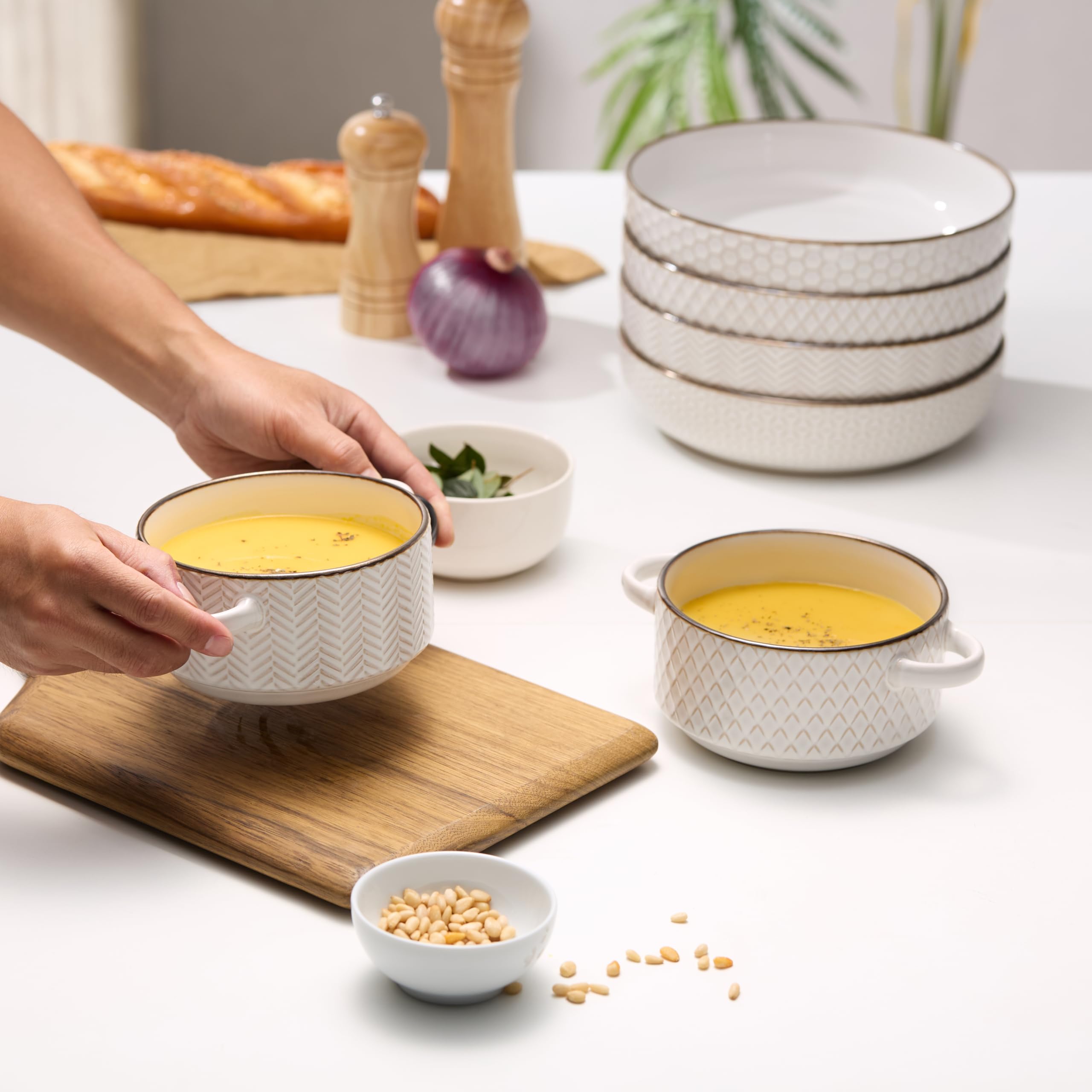 KooK Narbonne ivory ceramic bowl with embossed rim enhances everyday meals.