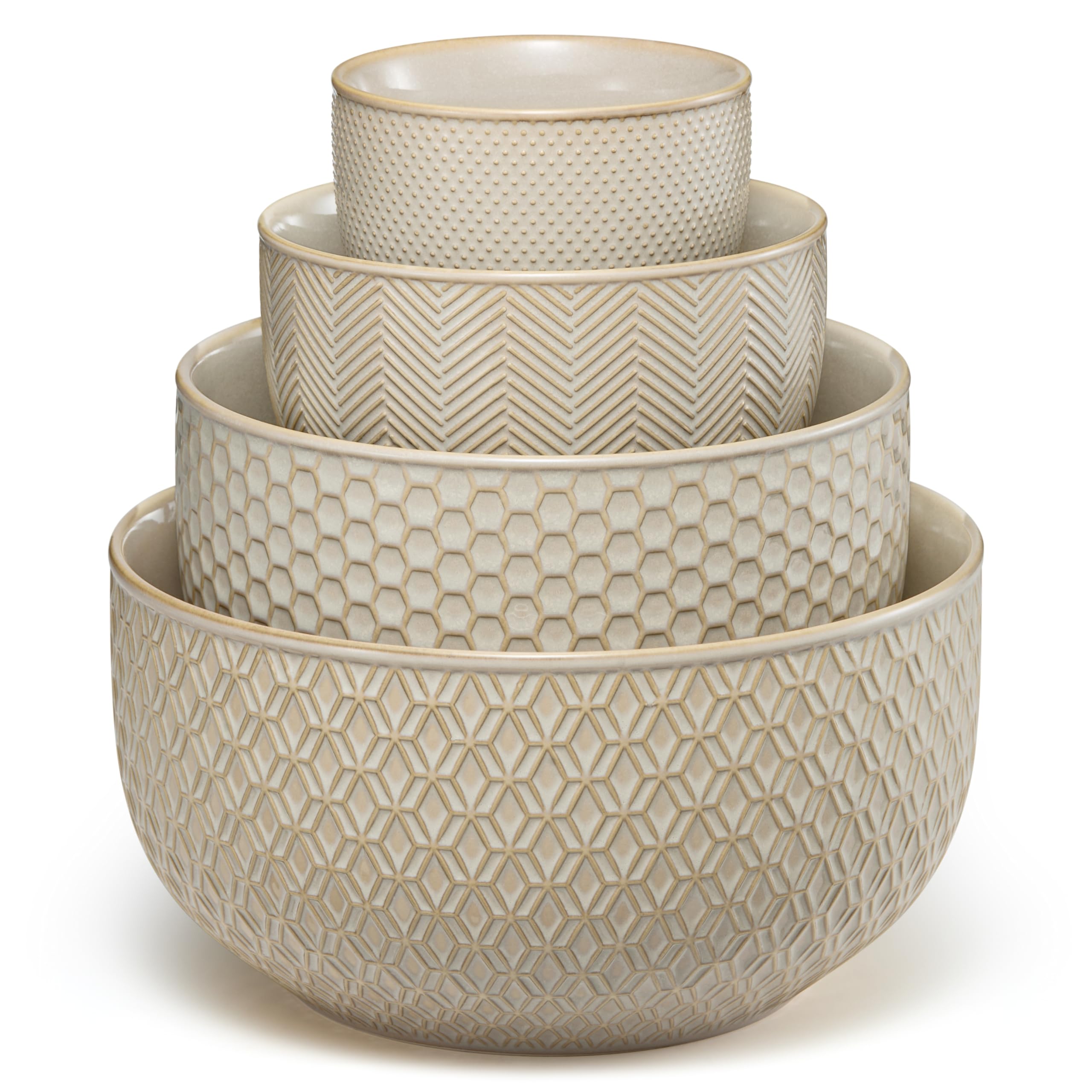 KooK Narbonne embossed cream stoneware bowls elevate prep and presentation.