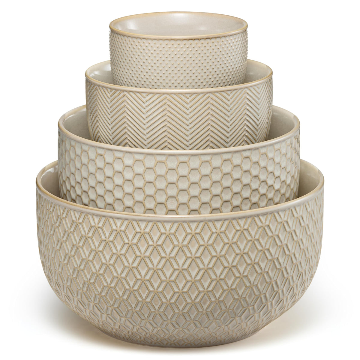 KooK Narbonne embossed cream stoneware bowls elevate prep and presentation.