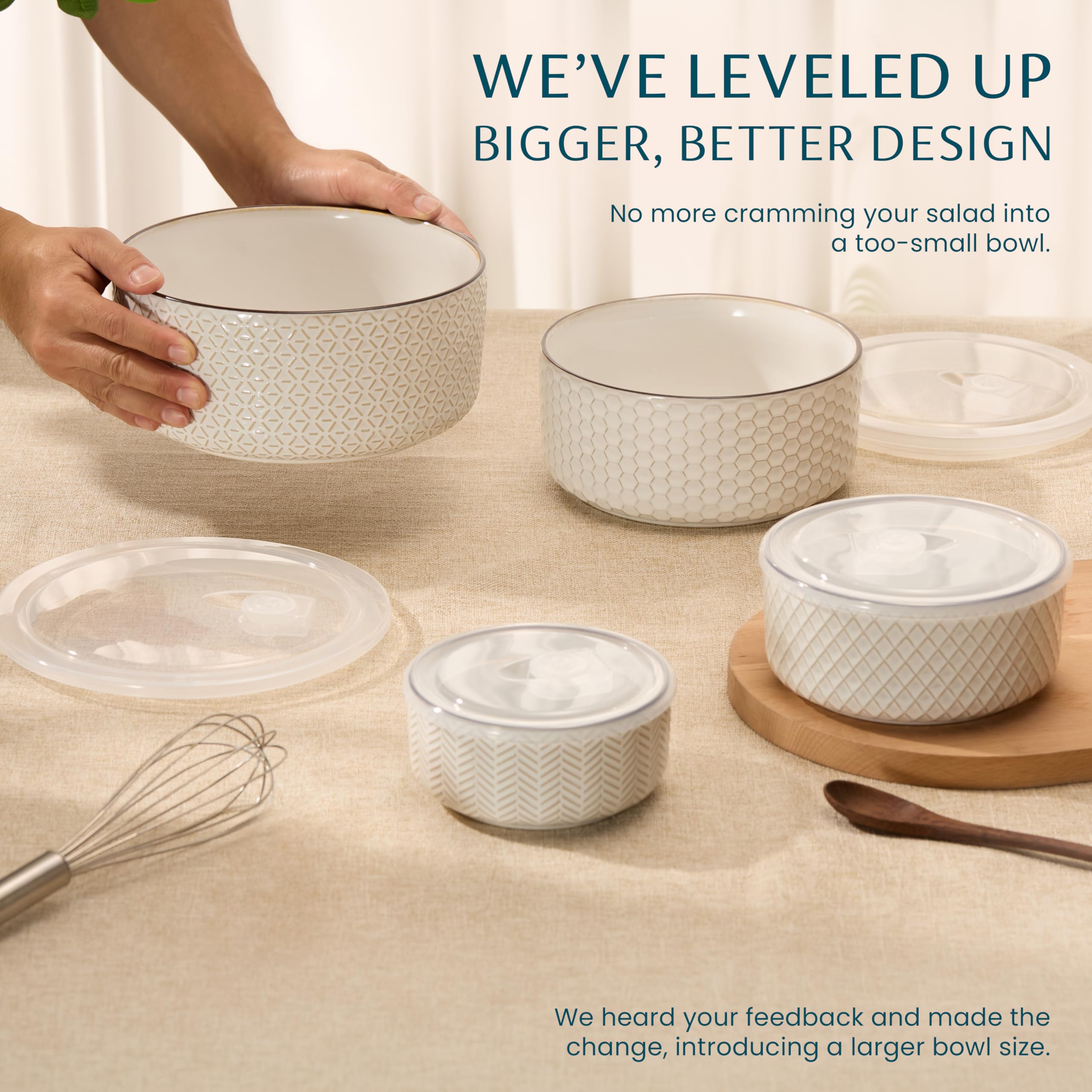 KooK Narbonne embossed ivory 29oz bowl ideal for prep and portioning leftovers.