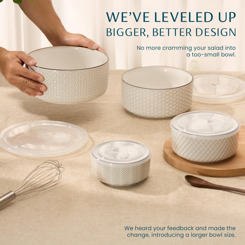 KooK Narbonne embossed ivory 29oz bowl ideal for prep and portioning leftovers.