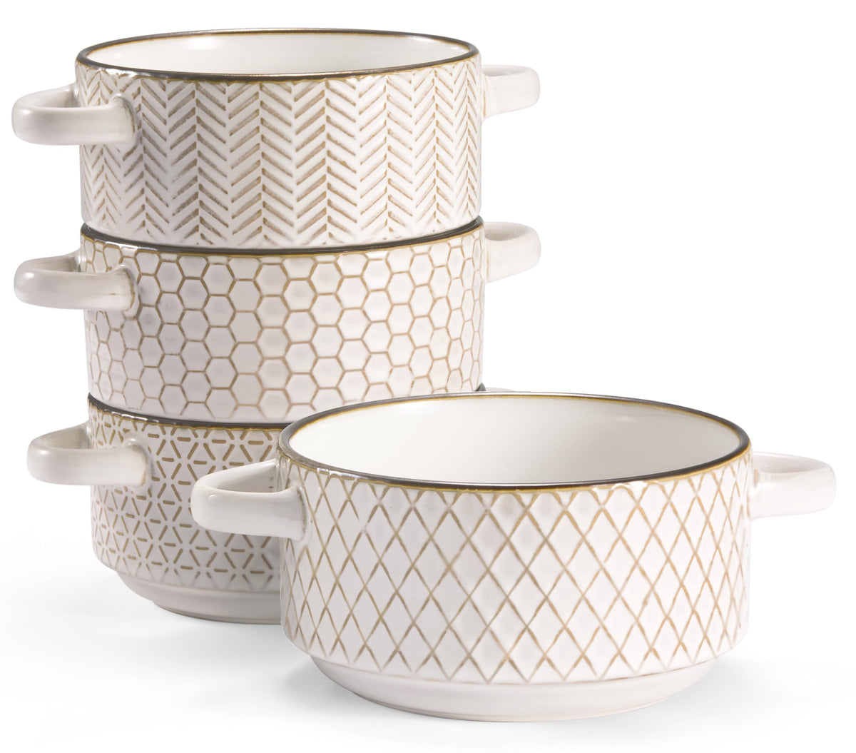 KooK Narbonne embossed soup bowl with handles, ideal for hot soups and hearty stews.