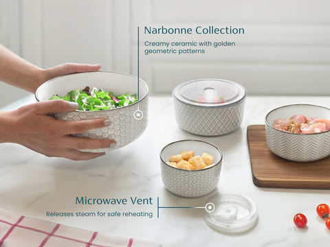 Kook Narbonne ivory embossed bowls add elegant detail to everyday prep and serving