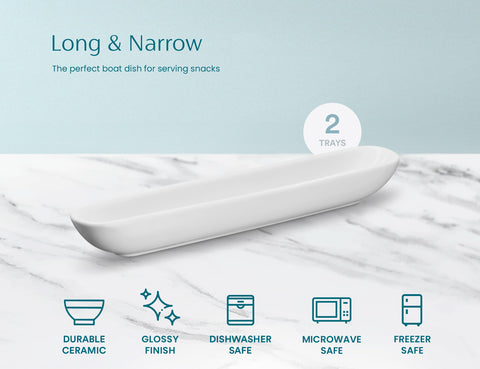 Robust ceramic KooK Olive Boat Tray with pristine white finish