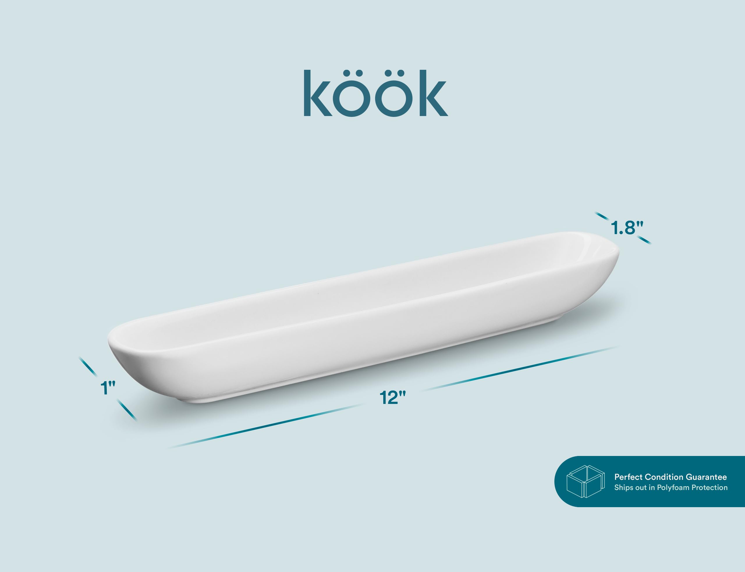Slim, long KooK Olive Boat Trays fit narrow spaces on the table for grazing