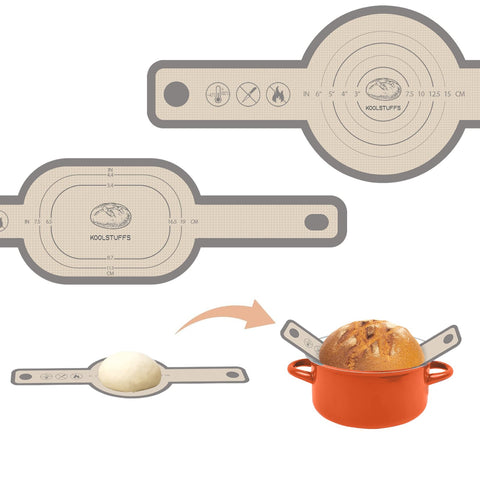 Koolstuffs silicone bread sling with ergonomic handles for safe transfer of hot bread from the Dutch oven.