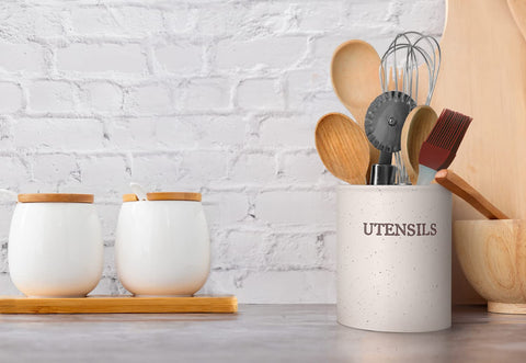 KooK cream utensil crock, top view, spacious opening fits ladles and spatulas.