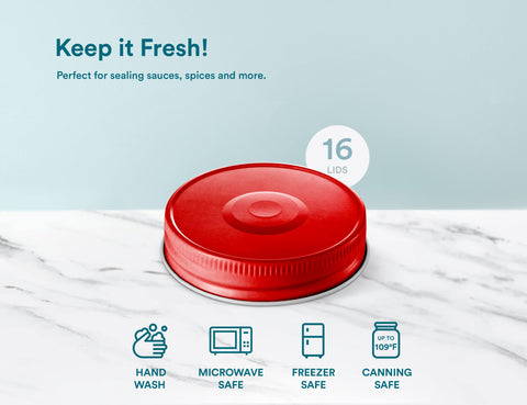 KooK colorful lids in red, marshmallow, gold, and silver brighten pantry shelves.