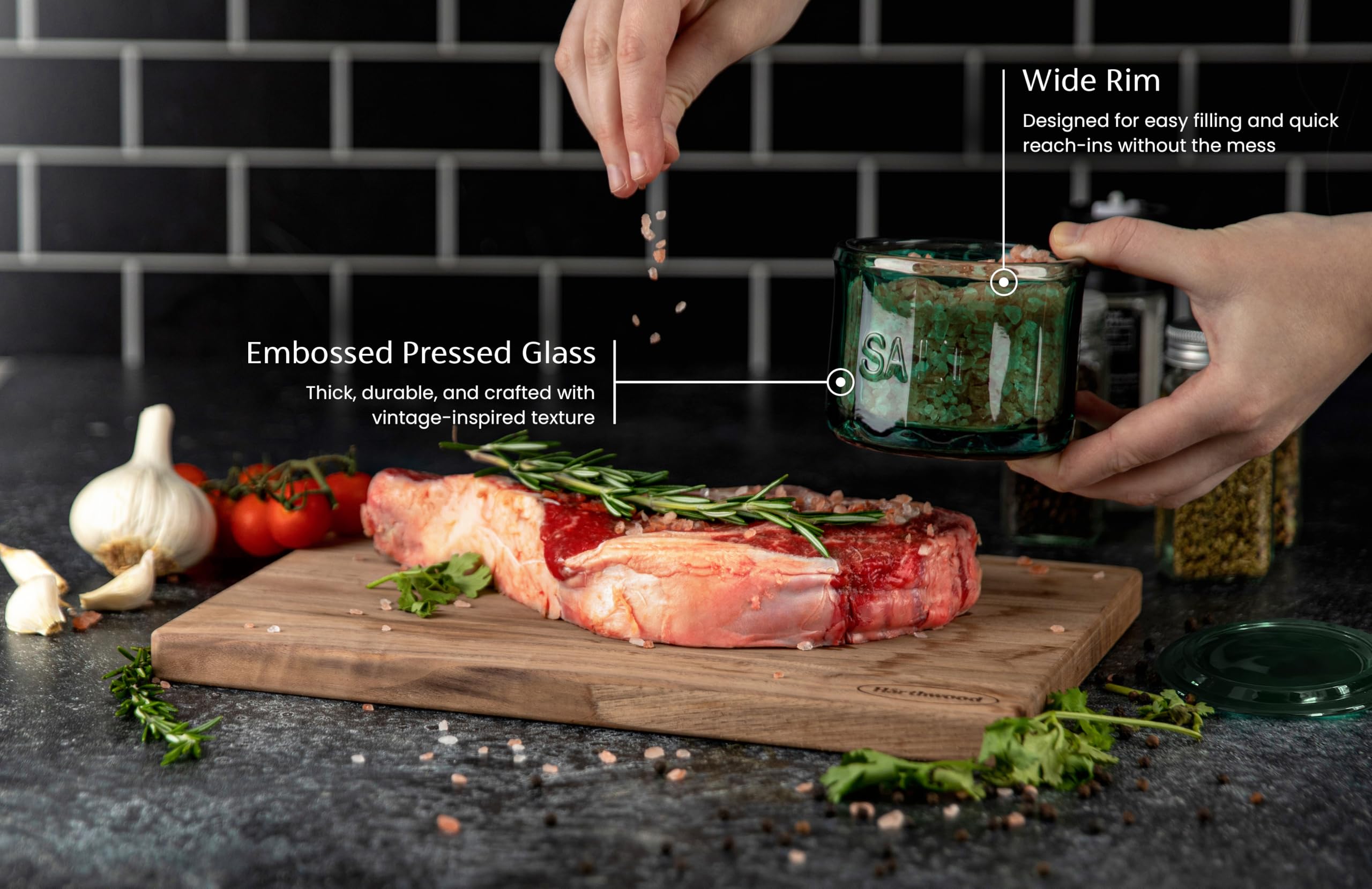 KooK embossed pressed-glass design adds durable charm to kitchen decor.